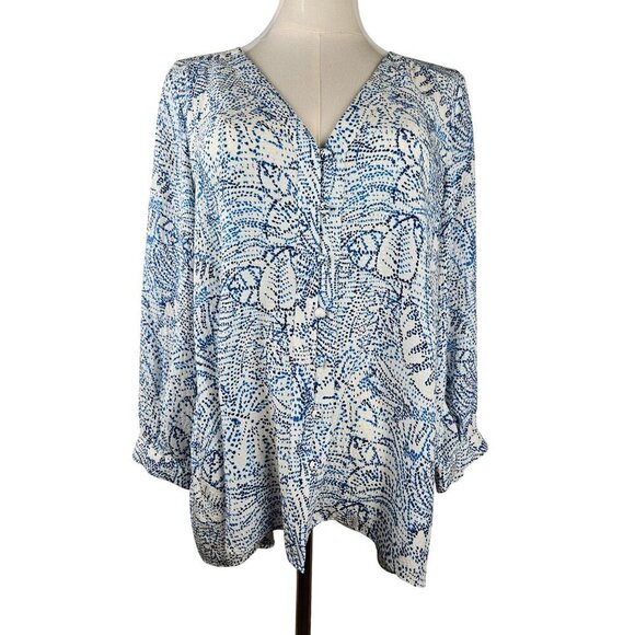 Parker Medium Silk 3/4 Sleeve Beverly Blouse Botanical Dots Floral Blue White - Picture 2 of 11